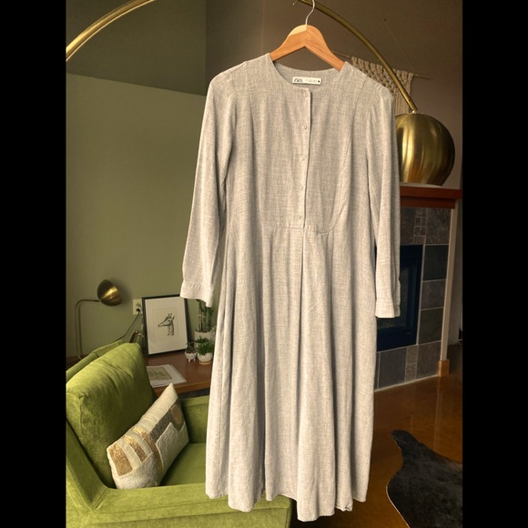 Zara Cotton Gray Midi Shirt Dress Size Small - Picture 1 of 3